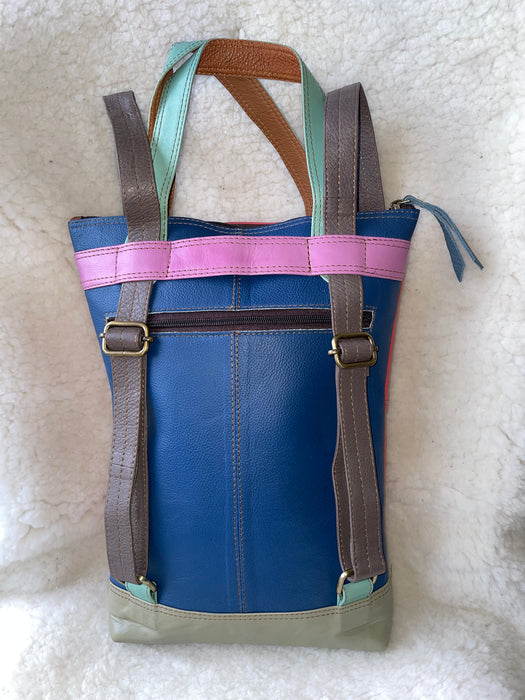 Handcrafted, Recycled Leather & Hide Backpack with Detachable Clutch.