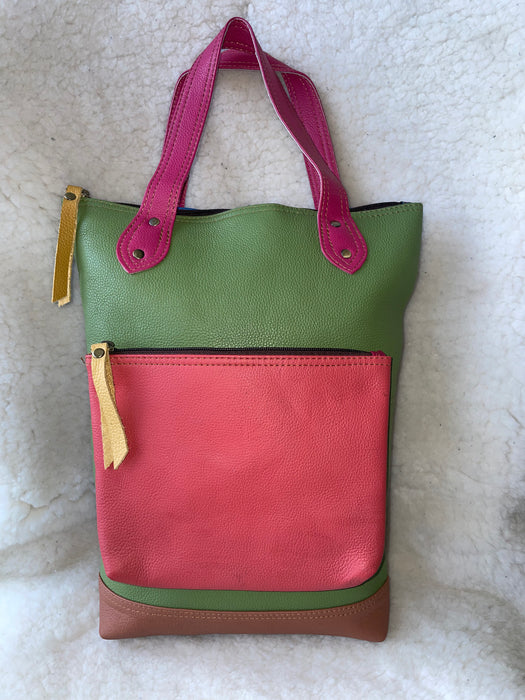 Handcrafted, Recycled Leather & Hide Backpack with Detachable Clutch.