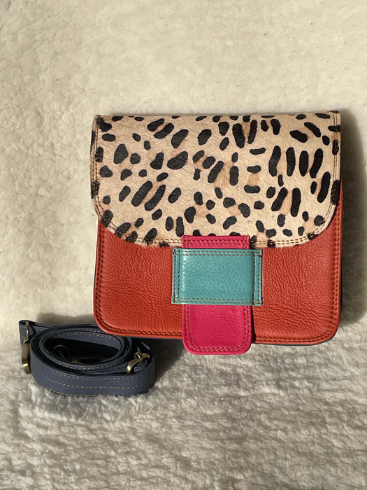 Handcrafted, Recycled, Leather & Hide, Multi-Coloured 'Square' Handbag.