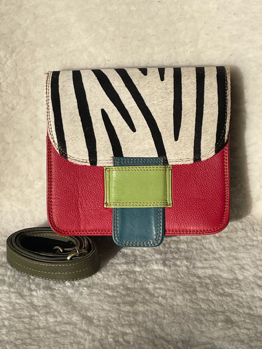 Handcrafted, Recycled, Leather & Hide, Multi-Coloured 'Square' Handbag.