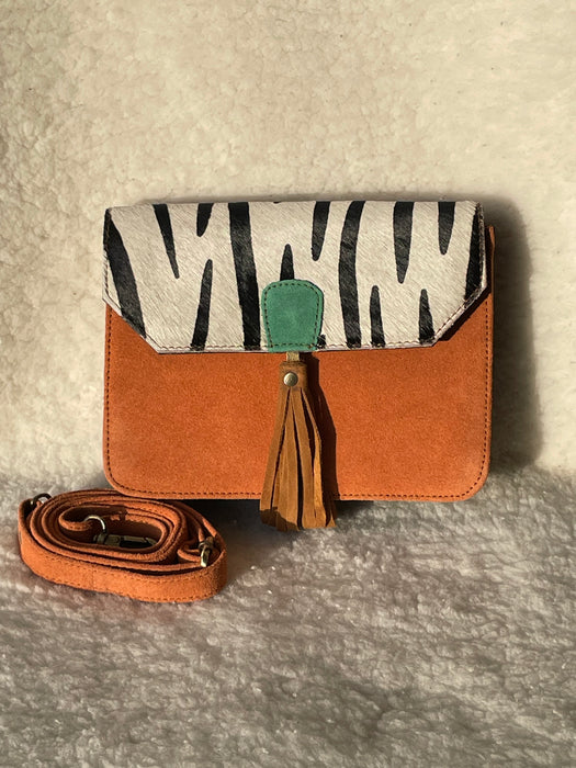 Handcrafted, Recycled Suede & Hide Multi-Coloured Tassel  Handbag