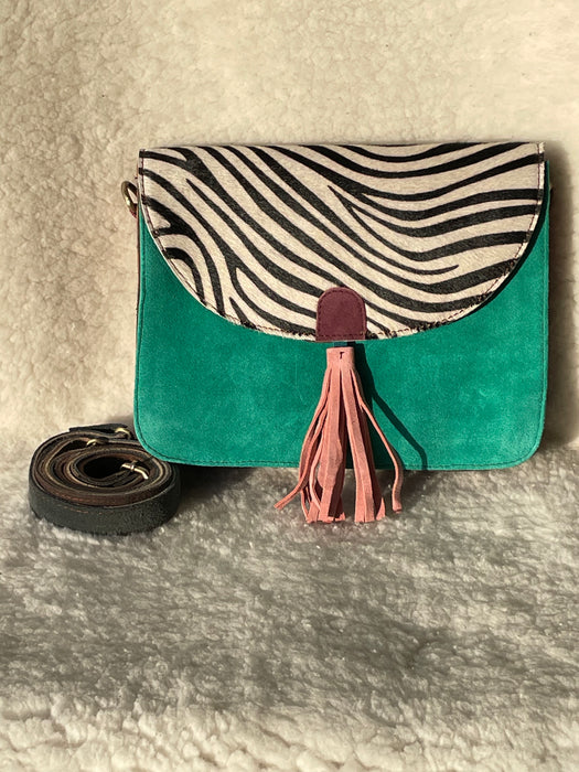 Handcrafted, Recycled Suede & Hide Multi-Coloured Tassel Handbag (Large)
