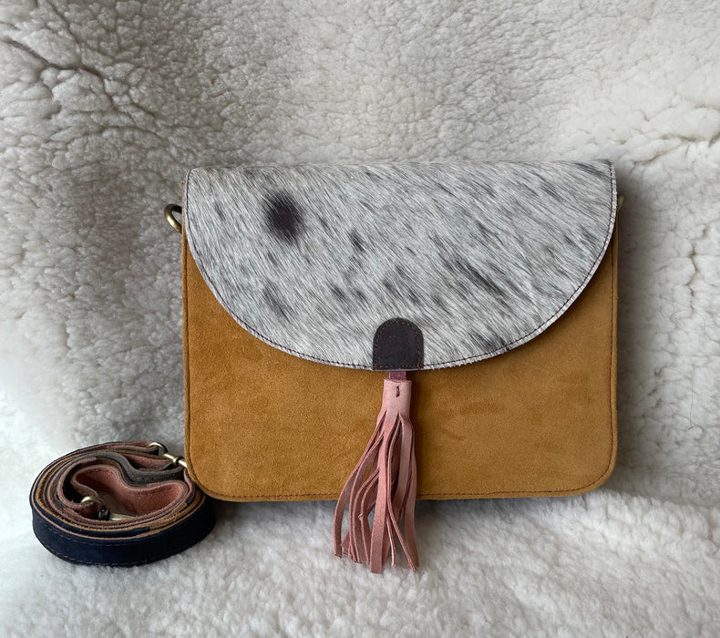 Handcrafted, Recycled Suede & Hide Multi-Coloured Tassel Handbag (Large)