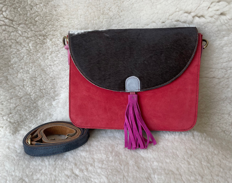 Handcrafted, Recycled Suede & Hide Multi-Coloured Tassel Handbag (Large)