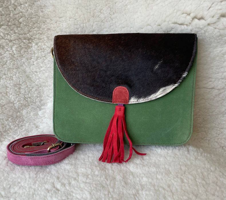 Handcrafted, Recycled Suede & Hide Multi-Coloured Tassel Handbag (Large)