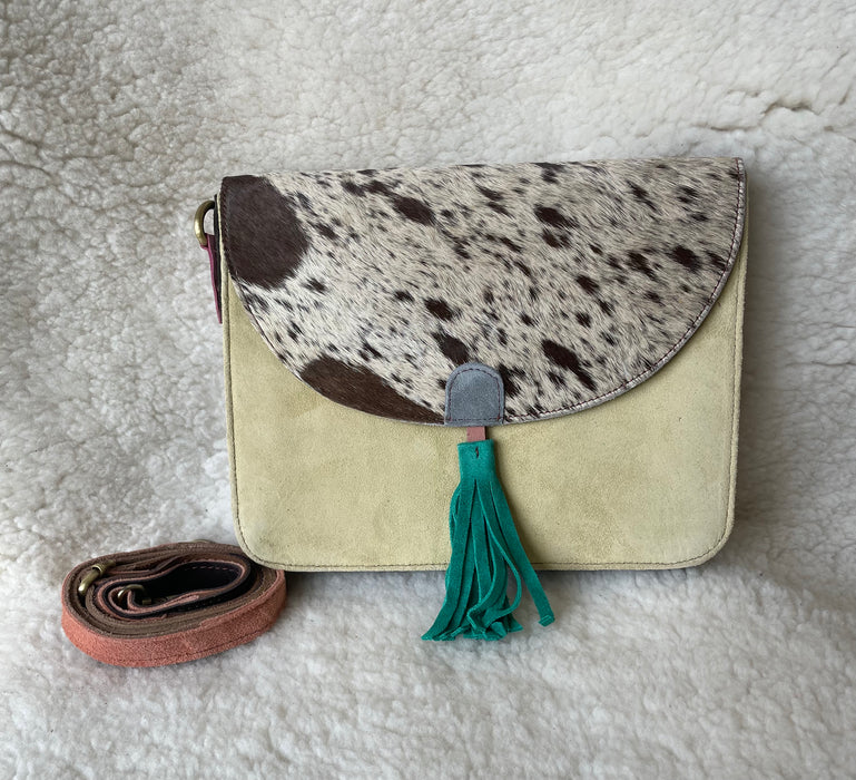 Handcrafted, Recycled Suede & Hide Multi-Coloured Tassel Handbag (Large)