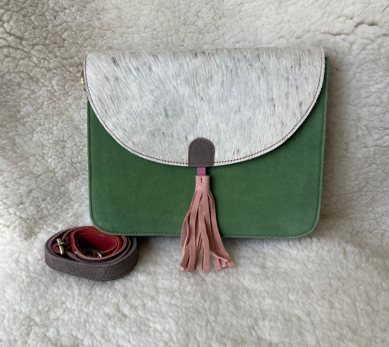 Handcrafted, Recycled Suede & Hide Multi-Coloured Tassel Handbag (Large)