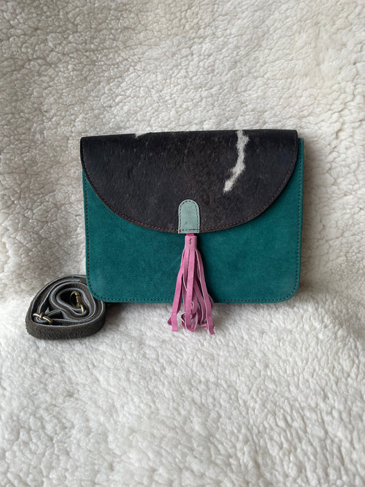 Handcrafted, Recycled Suede & Hide Multi-Coloured Tassel Handbag (Large)
