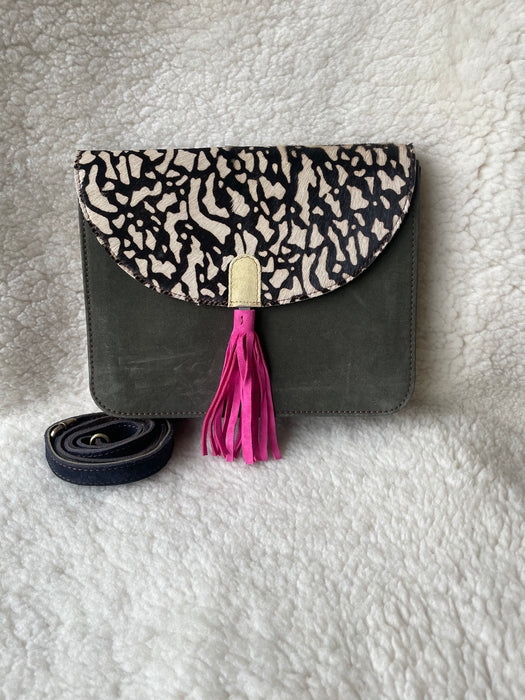 Handcrafted, Recycled Suede & Hide Multi-Coloured Tassel Handbag (Large)