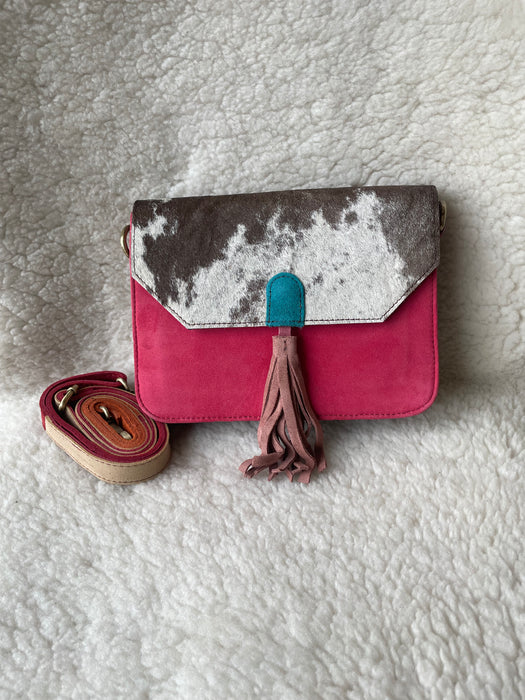 Handcrafted, Recycled Suede & Hide Multi-Coloured Tassel  Handbag