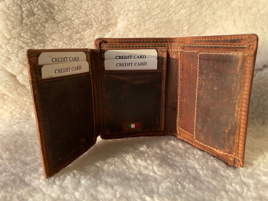 Genuine, Brown Leather Trifold Wallet.
