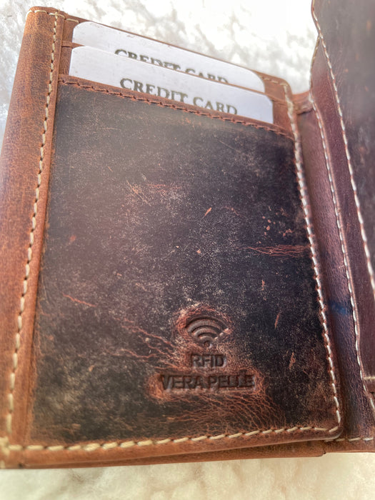 Genuine, Brown Leather Trifold Wallet.